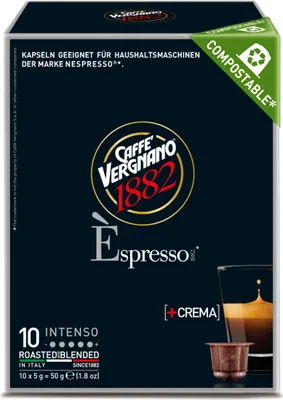 A box of Caffè Vergnano 1882 Espresso Intenso + Crema coffee capsules.