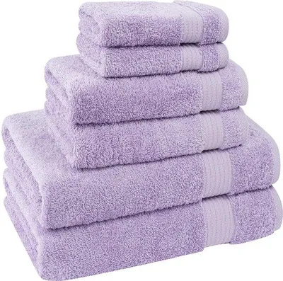 Zdjęcie produktu dla Zestaw 6 ręczników Unyqoos® wykonany w 100% z tureckiej bawełny, miękki i chłonny, kolor fioletowy – 2 duże ręczniki kąpielowe, 2 ręczniki, 2 myjki, certyfikat Öko-Tex Standard 100
