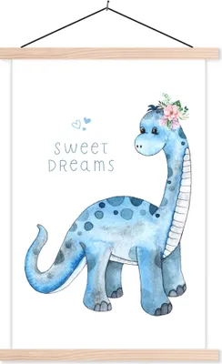 Produktbild von MuchoWow® Textilposter Kinderzimmer - Dinosaurier - Blau - Jungen - Mädchen - Kinder 120x180 cm mit holzfarbenen Rahmen - Textil-Plakat