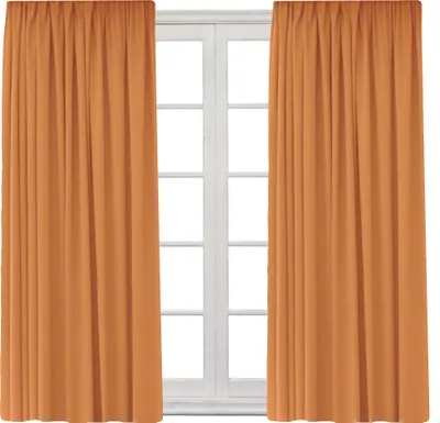 Two orange curtains are shown hanging on either side of a white window frame.