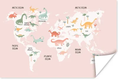Produktbild von MuchoWow® Poster Weltkarte - Kinder - Dinosaurier 90x60 cm - Schlafzimmer