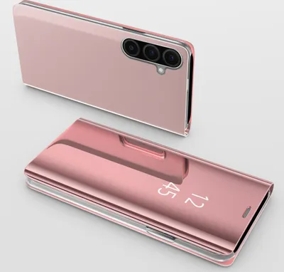 A rose gold colored phone case with a clear view flip cover is shown in a studio setting.