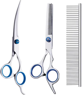 Produktbild von 3-in-1 Hundescheren Set, Gebogene 17 cm, Edelstahl Scheren für Tiere, Für Haustierpflege
