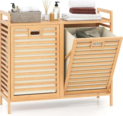 Produktbild von GOPLUS Wäschekorb Doppelt, 75L Bambus Wäschesammler mit Klappdeckel, Badschrank mit 2 abnehmbaren Beuteln & Griffe, 80 x 30 x 72 cm, Natur
