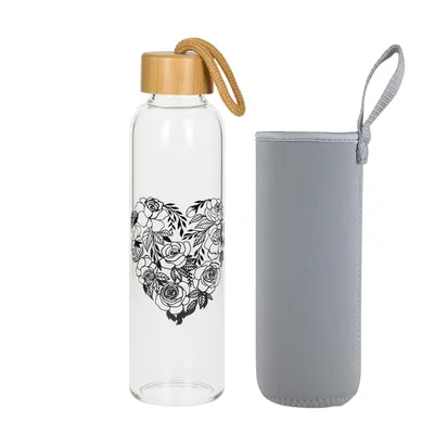 Produktbild von Glasflasche 1 Liter Bamboo Trinkflasche Borosilikatglas mit Neoprentasche
