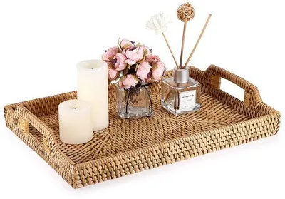 Produktbild von Rechteckiges Rattan Tablett mit Griff - 34 x 24 cm - für Kaffee und Frühstück - Dekoration und Aufbewahrung