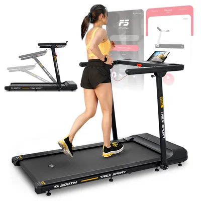 A woman is running on a treadmill in a home setting, with app interface overlays showing product details and usage.