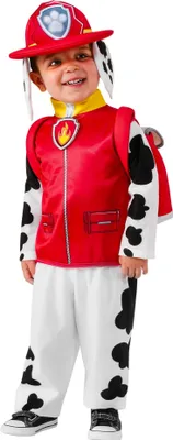 A child wearing a Paw Patrol Marshall costume.