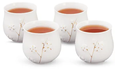 Teetassen-Set 4er-Pack, Porzellan, weiß, 155 ml, Kirschblütenmuster