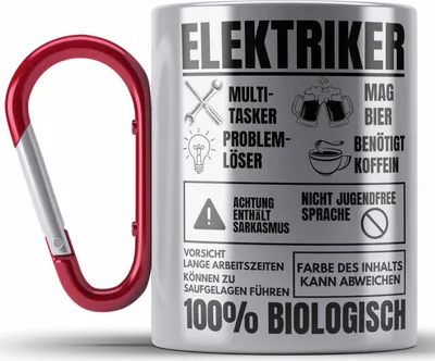 Produktbild von Trendation - Elektriker Edelstahl Tasse Karabiner Geschenk Elektromeister Lustiger Spruch Männer Geschenkidee Multitasker (Rot)