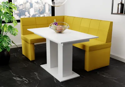 Productafbeelding van Eckbankset 196x142 cm BLAKE XL R, bekleding: stof Soro, kleur: geel / Eettafel DANTE, kleur: wit