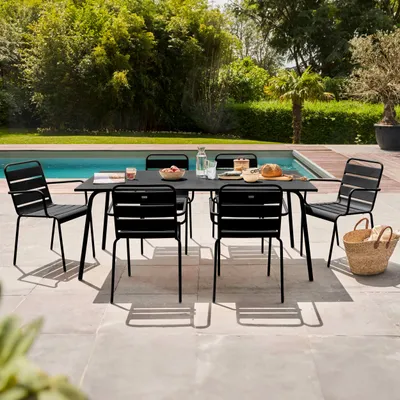 Produktbild von Gartentisch und 6 Stahlsessel Schwarz - Oviala Palavas