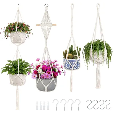 Obrázok produktu pre Sada 4 bielych macramé závesných kvetináčov