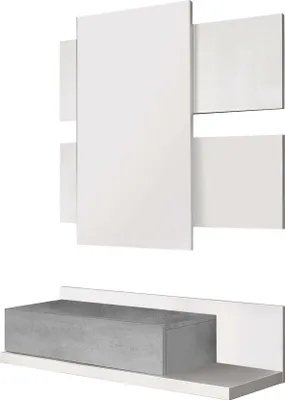 Produktbild von Schrank für die Eingangshalle Erie, Abgehängte Eingangshalle mit Spiegel, Schrank mit Schublade für den Eingang, 75x29h90 cm, Weiß und Zement
