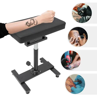 Obrázek produktu pro Nastavitelná opěrka na paži pro tetování – stojan s odkládací plochou – stabilní podstavec ve tvaru písmene H – výška 73–92 cm – úhel nastavení 0–180° – materiál: ocel, umělá kůže, dřevo a pěna