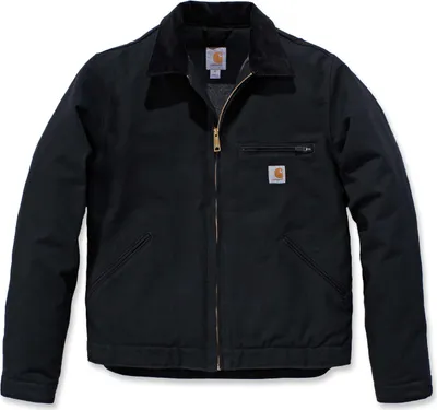 A black Carhartt jacket is shown flat against a white background.