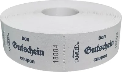 Produktbild von Bonrolle GUTSCHEIN weiss dreisprachig 1000 perforierte Abrisse nummeriert