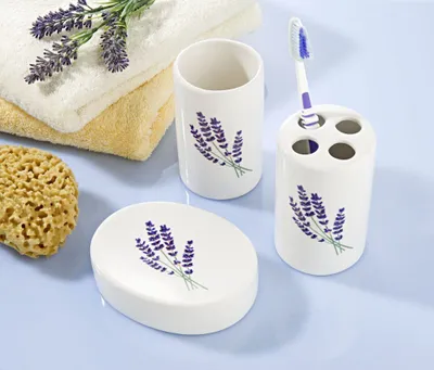 Produktbild von 3 tlg. Badset mit Lavendel Motiv, Bad Zubehör Set, Seifenschale, Zahnputzbecher, Zahnbürstenhalter