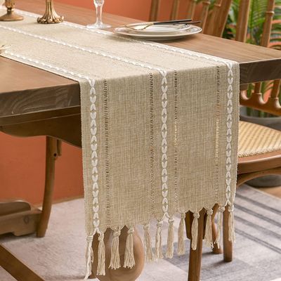 Tischläufer landhausstil Boho Tisch Läufer mit Quasten rustikal Table Runner,33x160 cm,Hellbraun
