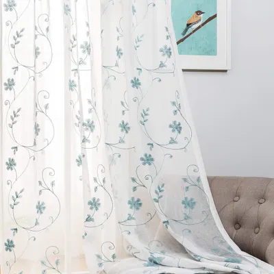 Immagine prodotto di Tende trasparenti - Blu con ricamo floreale - 2 x 132 x 160 cm - Con tasca per bastone