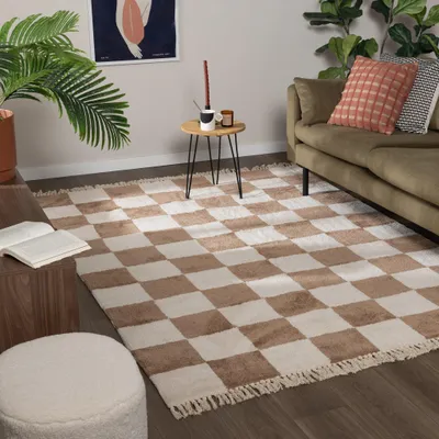 Produktbild von Volero - Teppich Kariert - Blox Fringe Beige Weiß - 230x330 cm - Wohnzimmer, Kinderzimmer, Schlafzimmer, Jugendzimmer - Retro