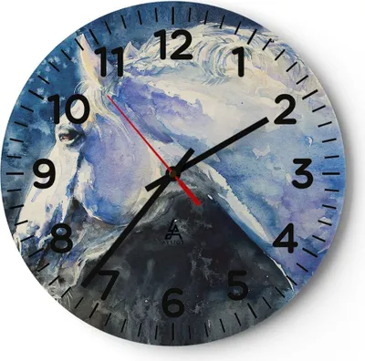Produktbild von Wanduhr - Rund - Glasuhr - Pferd Aquarell Porträt - 40x40cm - Schleichendes Uhrwerk - Lautlos - zum Aufhängen bereit - Dekoration Modern - Wanddekoration aus Glas - C4AR40x40-4272