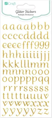 A sheet of gold glitter alphabet stickers.
