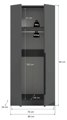 Produktbild von xonox.home Kopenhagen Kleiderschrank 2-türig (B/H/T: 80x180x52 cm) in anthrazit und anthrazit