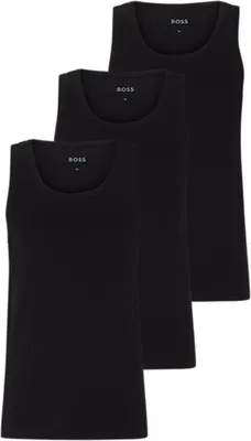 Three black tank tops are stacked on a white background.