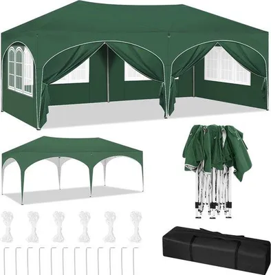 Produktbild von Famanu Partytent 3x6 m Grün - Wasserbeständig, Easy-Up, mit abnehmbaren Wänden
