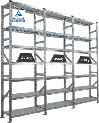 Produktbild von Fachbodenregal PROXIMO mit  Stecksystem | Komplettregal | HxBxT 250x270x50cm | 7 Ebenen | Beidseitig nutzbar | Verzinkt