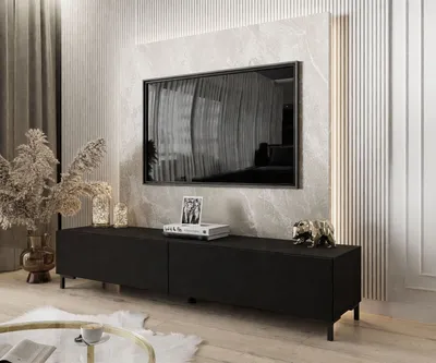 Produktbild von TV- Schrank COLETTE IV 175 cm Schwarz / Schwarz matt mit LED-Beleuchtung, Beine: Schwarz