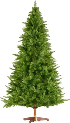 A green artificial Christmas tree on a wooden stand, presented against a white background.