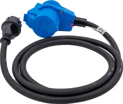 Produktbild von Adapterleitung 230V Winkelkupplung mit integrierter Schutzkontaktsteckdose inkl. Schutzdeckel 1,5 m H07RN-F 3G2,5 Kabel CEE blau 16A Adapter Caravan Campingadapter VDE Schuko IP44