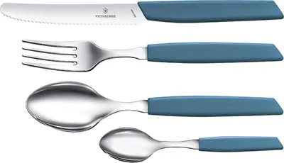 A set of cutlery including a knife, fork, and two spoons, arranged vertically against a white background.