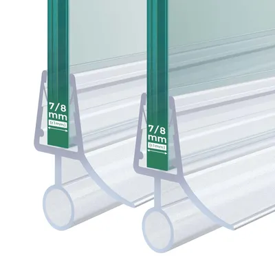 Close-up illustration of two shower door seals attached to glass panels.