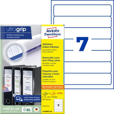 Produktbild von Avery Zweckform L4760REV-20, Ordner-Etiketten, ablösbar, A4, Qualitätsdruck mit: ultragrip, 38 x 192 mm, 210 Etiketten / 30 Bögen, weiß
