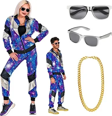 Produktbild von Set 80er Jahre Trainingsanzug für Sie und Ihn - Disco Look  in Gr. S bis 2XL - mit Goldkette und Brille S - 165-170 cm