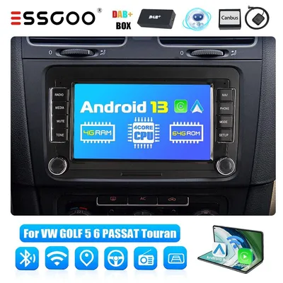 Obrázok produktu pre Rádio s digitálnym príjmom DAB+, operačným systémom Android 14, 7-palcovým dotykovým displejom, GPS navigáciou, funkciami Carplay a Android Auto, určené pre modely VW Golf, Touran, Tiguan, Polo, formát 2 DIN, s 4 GB RAM a 64 GB úložiskom, s Bluetooth a USB portom