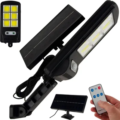 A collage of images showing a solar-powered street light with its panel and remote control.