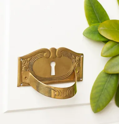 A close-up of an antique-style brass drawer pull with a keyhole, set against a white background, with green leaves on the right side.
