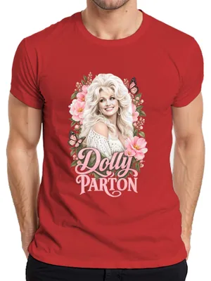 Zdjęcie produktu dla T-shirt męski, czerwony, rozmiar XL, z motywem Dolly Parton, country, motyle, Nashville