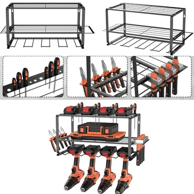 Produktbild von Werkzeugregal - 3-stöckiger Wandhalter für Akkuschrauber - 4 Bohrmaschinenhalter - Schwerlast, Stahl, 68 kg Tragkraft, 40x22x20 cm - Schwarz