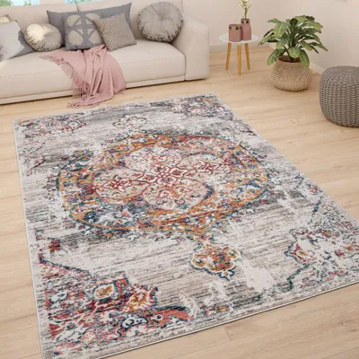 Produktbild von Teppich Wohnzimmer Kurzflor Vintage Pastell Modernes Orientalisches Muster Grösse 80x150 cm