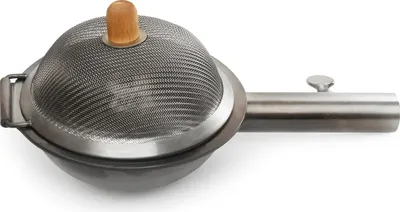 A popcorn maker with a mesh dome lid and a wooden knob, set against a white background.