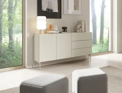 Produktbild von Kommode Muti Kaschmir Matt | Sideboard 147 cm mit Riffel-Fronten | grifflos mit Push-to-Open & Metallfüßen