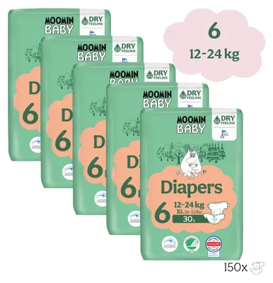 Produktbild von Moomin Baby Öko-Einwegwindeln – Monatspackung mit 150 Stück – Größe 6