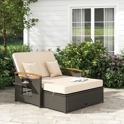 Produktbild von Rattan Lounge Möbel Outdoor, Gartenlounge 2 Sitzer mit Liegefunktion, Gartensofa-Set mit Hocker, Doppelliege mit Stauraum