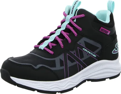 A single black Skechers girls' hiking boot with aqua and pink accents is shown against a white background.