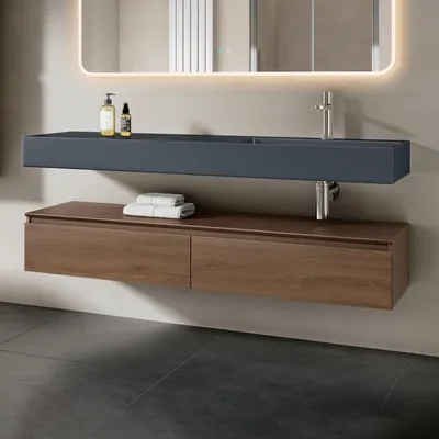 Produktbild von Mai & Mai Badmöbelset Waschtisch mit Unterschrank Eiche 150x48x25cm mit Soft-Close Schubladen inkl. Mineralguss-Waschbecken in matt Anthrazit UP
